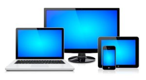 Computer monitor, laptop, tablet pc,  and mobile smartphone with a blue screen. Isolated on a white. 3d image